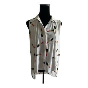 White Sleeveless Lipstick Print Blouse Made In Italy